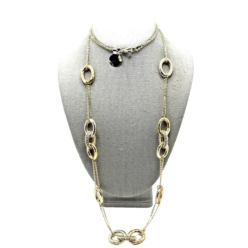 New Alfani Rhinestone Gold Tone Station Necklace Oval Textured Links 42” NWT